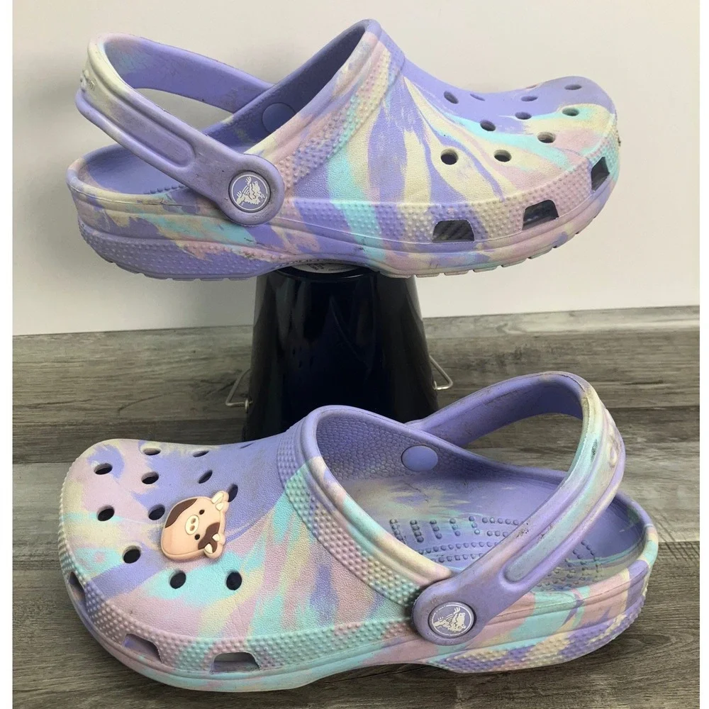 Crocs Classic Clog Purple Marble Tie Dye J4 Girls Boys Kids Slip On Shoes